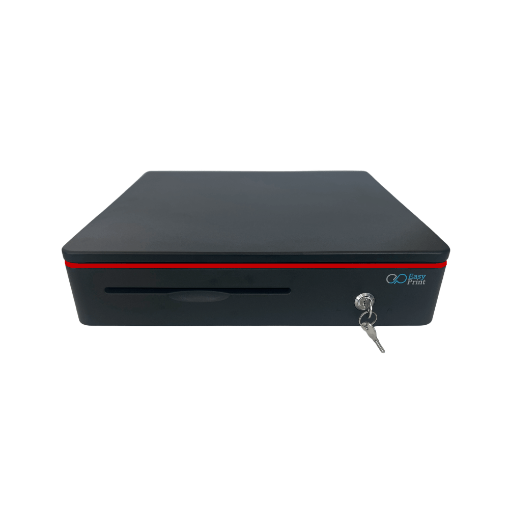 ลิ้นชักเก็บเงิน EASYPRINT รุ่น CD-405 สีดำ-ตัดขอบแดง 4 ช่องธนบัตรขนาดใหญ่ 8 ช่องเหรียญ RJ11 12/24V_2